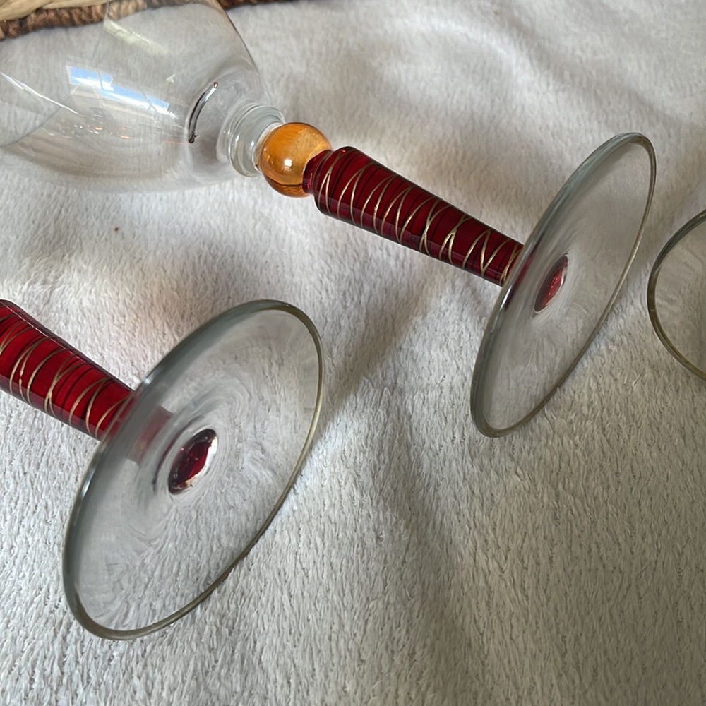 Pier 1 Imports Orbit Spice 16 Oz Red Gold Trim Stemware Glasses 4 HandPainted - Picture 7 of 10